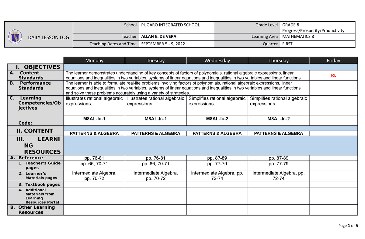 DLL MATH8 Q1 Week3 - Ssd - DAILY LESSON LOG School PUGARO INTEGRATED ...