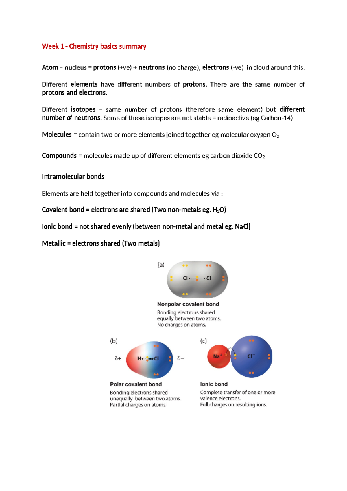 Week 1 chemistry basic summary - Week 1 - Chemistry basics summary Atom ...
