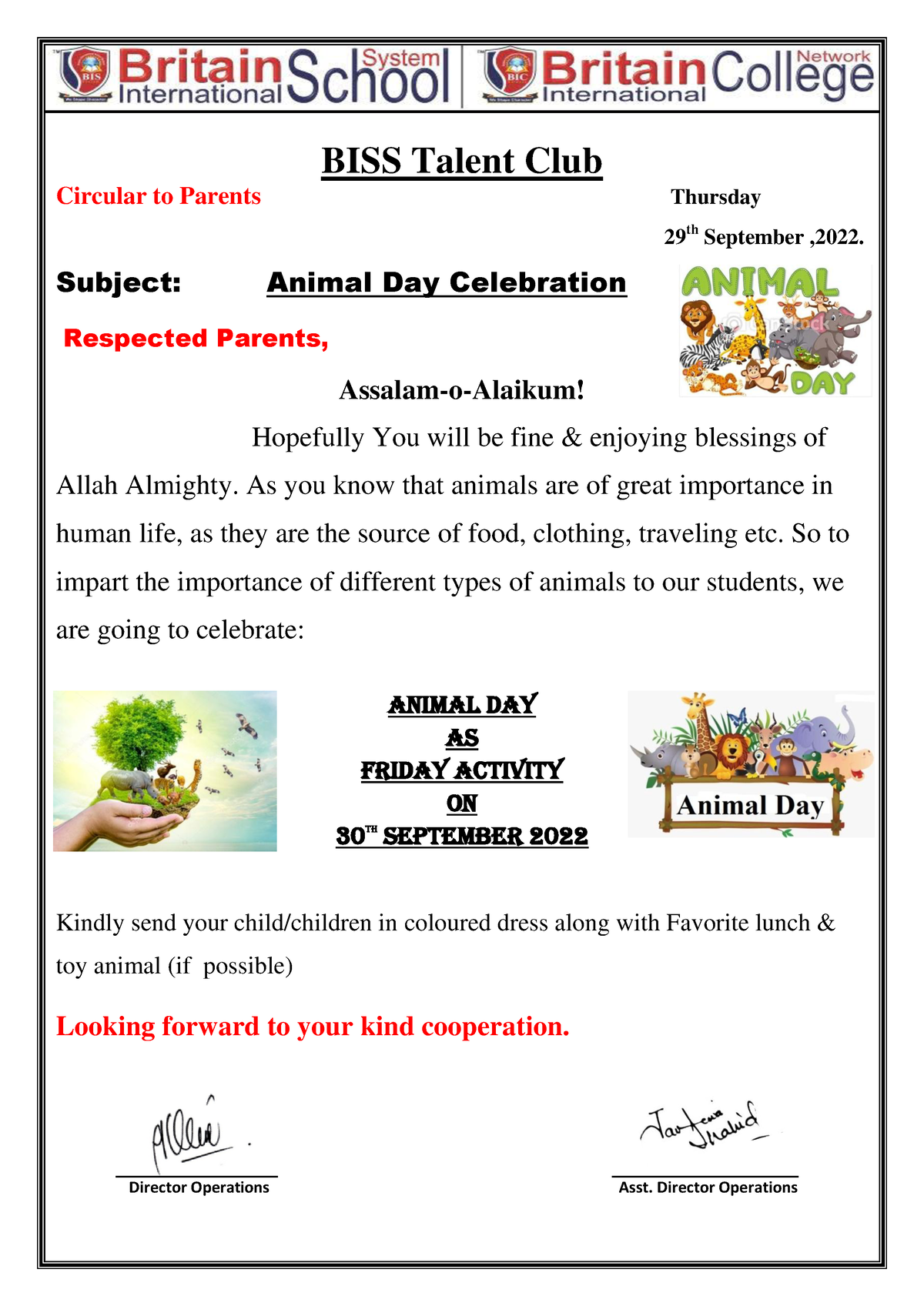 Animal Day - Activity - BISS Talent Club Circular to Parents Thursday 29 th  September ,2022. - Studocu
