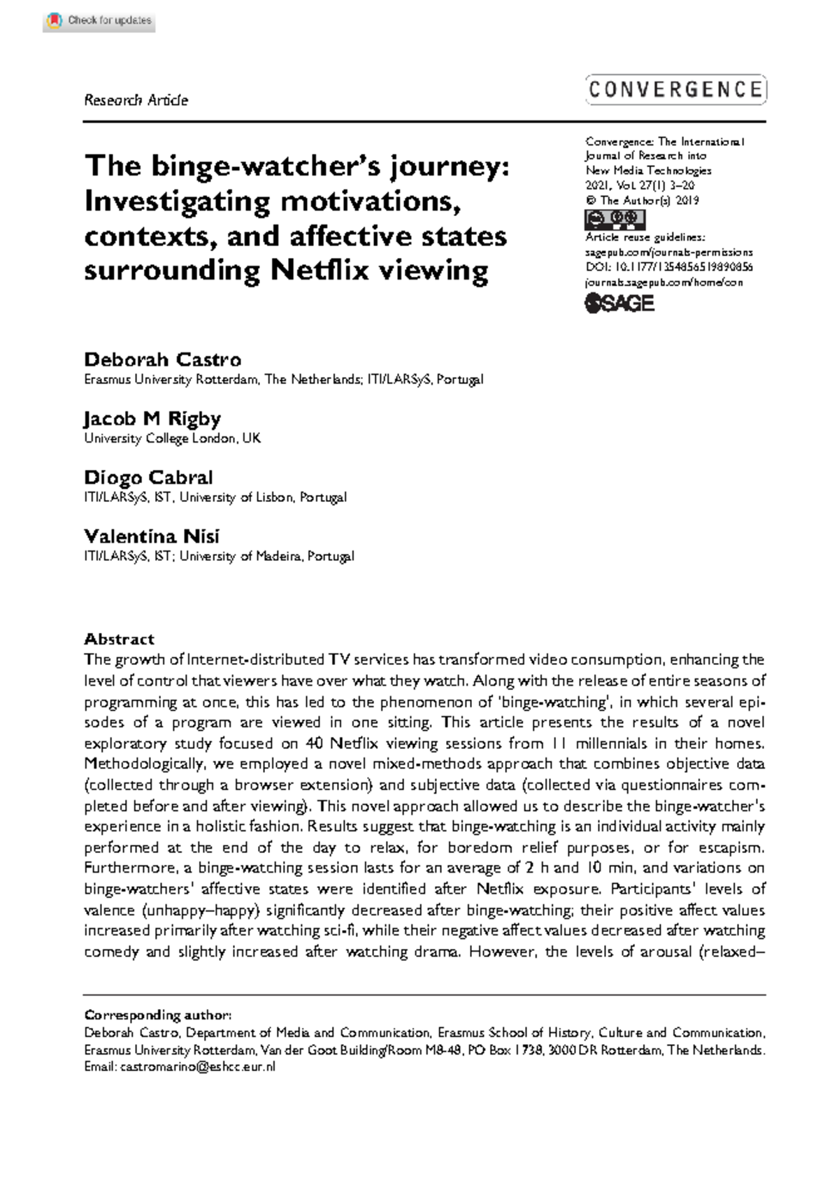 Castro et al 2019 the binge watcher s journey investigating motivations ...
