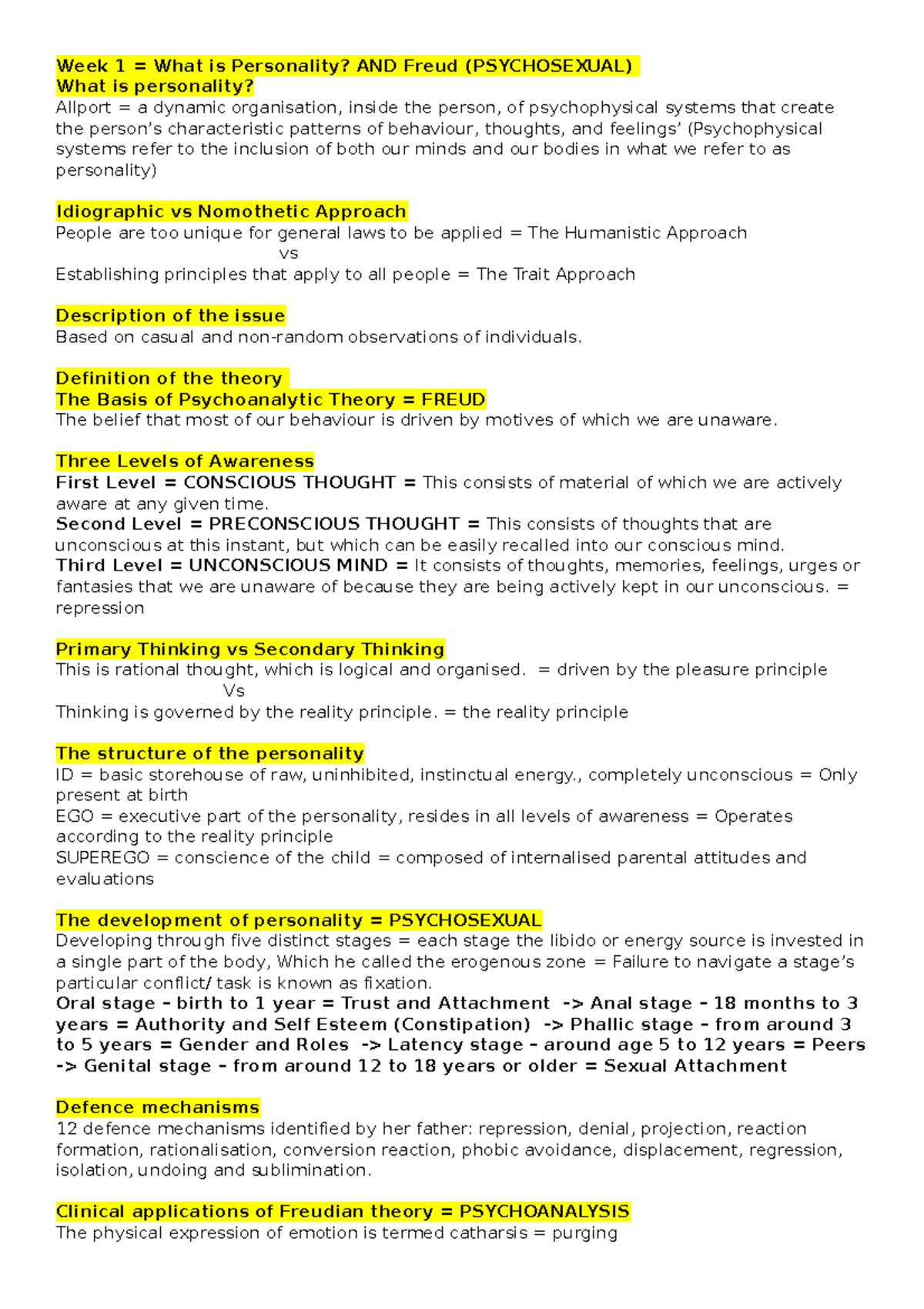Really Summarised - Summary - Week 1 = What is Personality? AND Freud ...