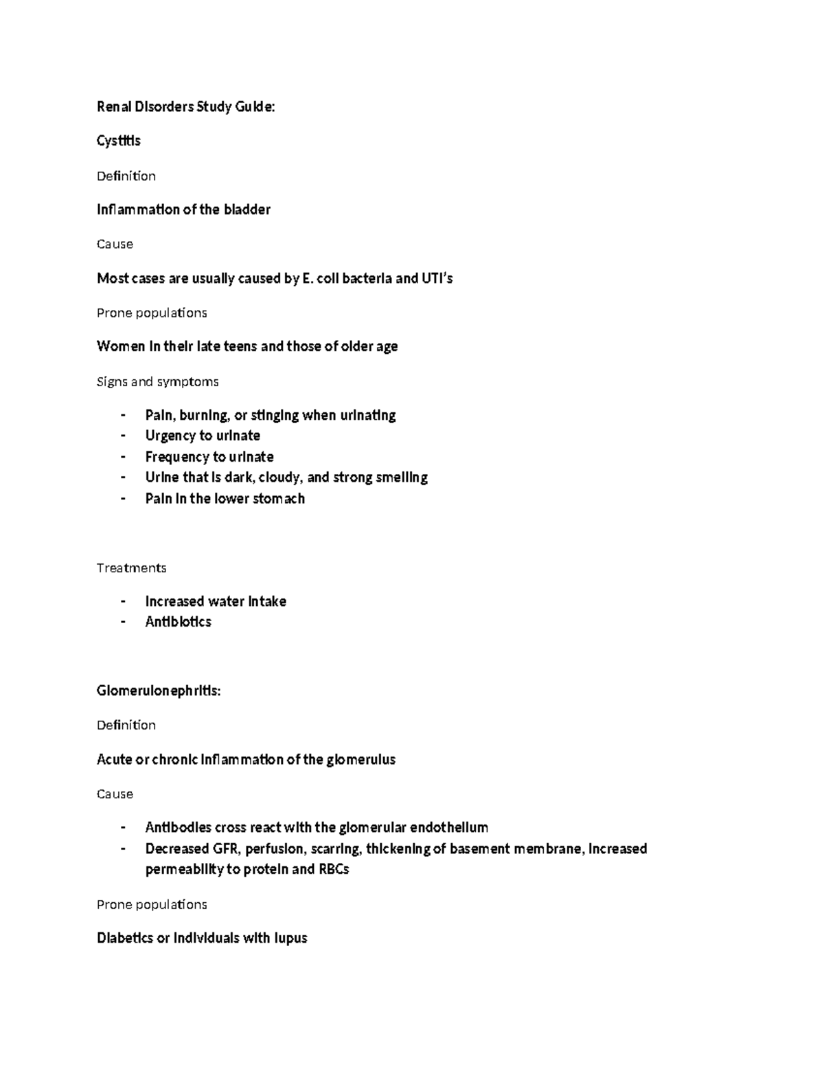 Study Guide #12- Renal Disorders - Renal Disorders Study Guide ...