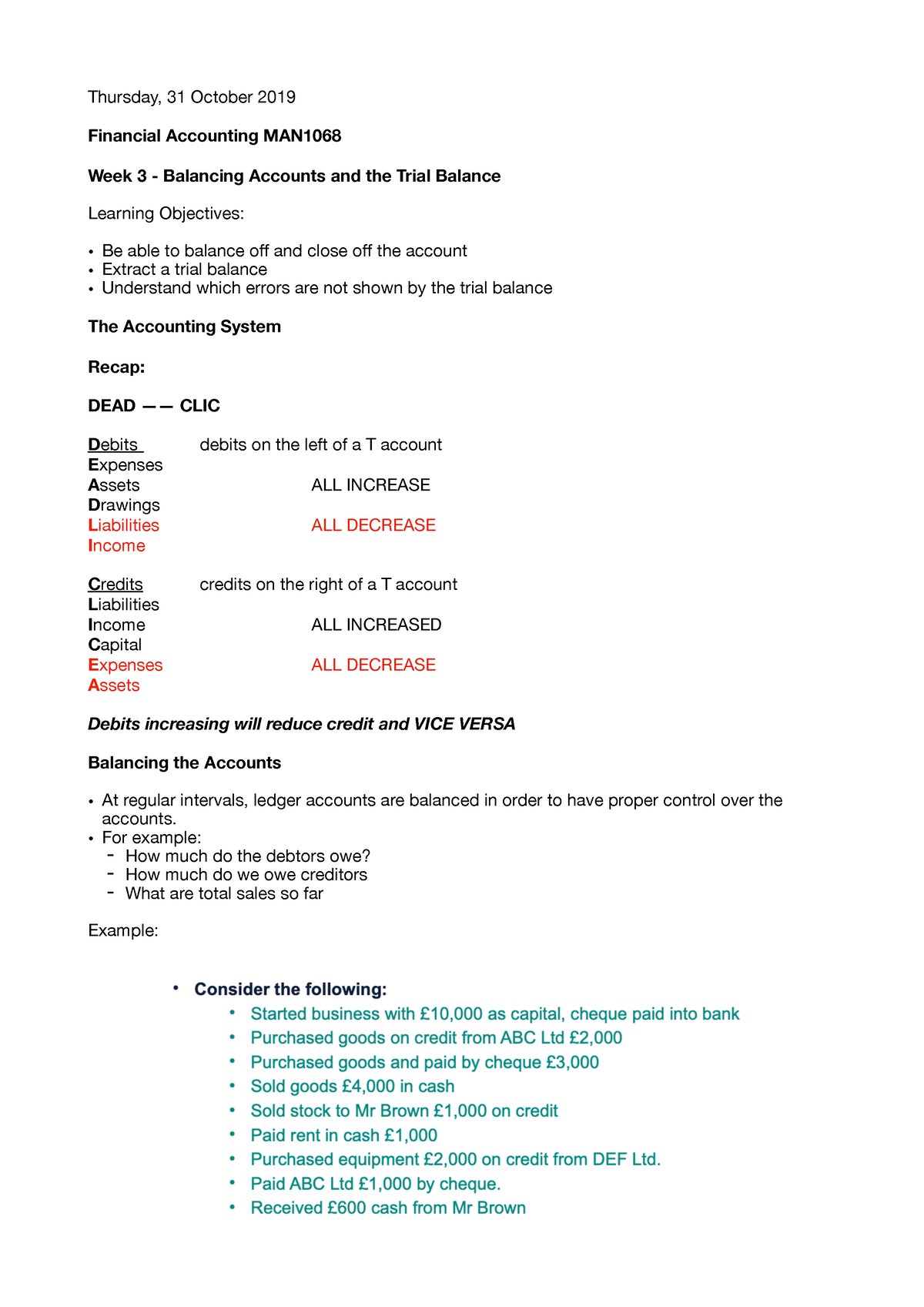 MAN1068 Financial Accounting - Seminar 3 - Thursday, 31 October 2019 ...