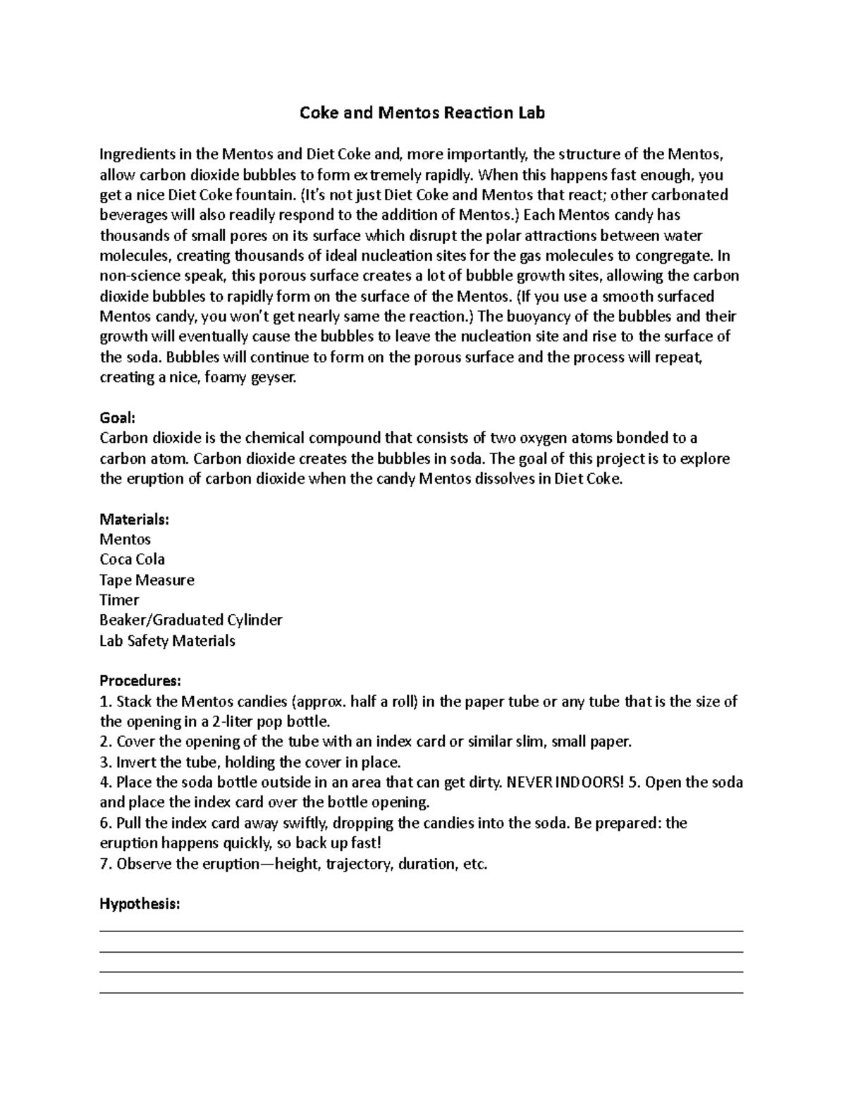 Coke and Mentos Reaction Lab - Coke and Mentos Reaction Lab Ingredients ...