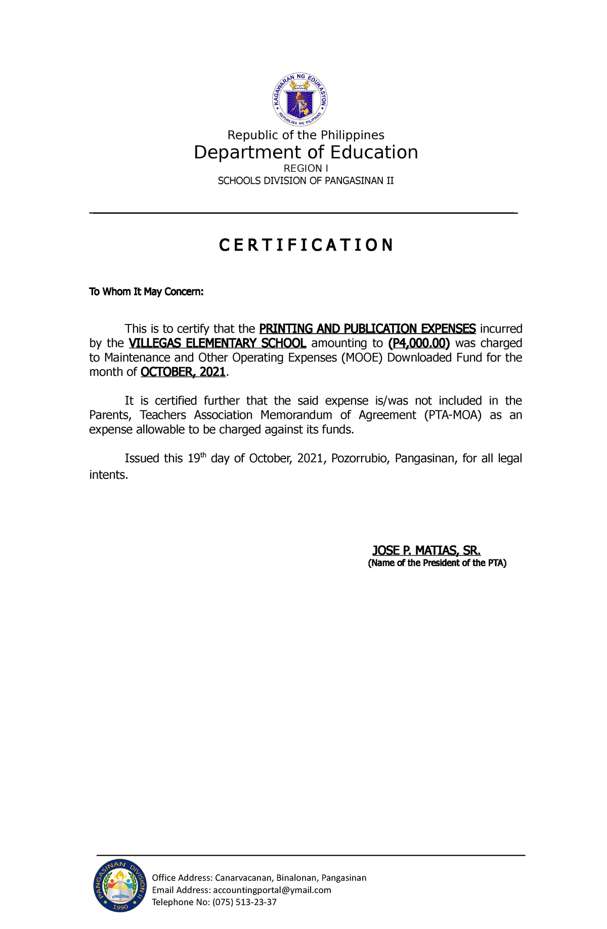 8 Certification-Format-PTA-Certification - Republic of the Philippines ...