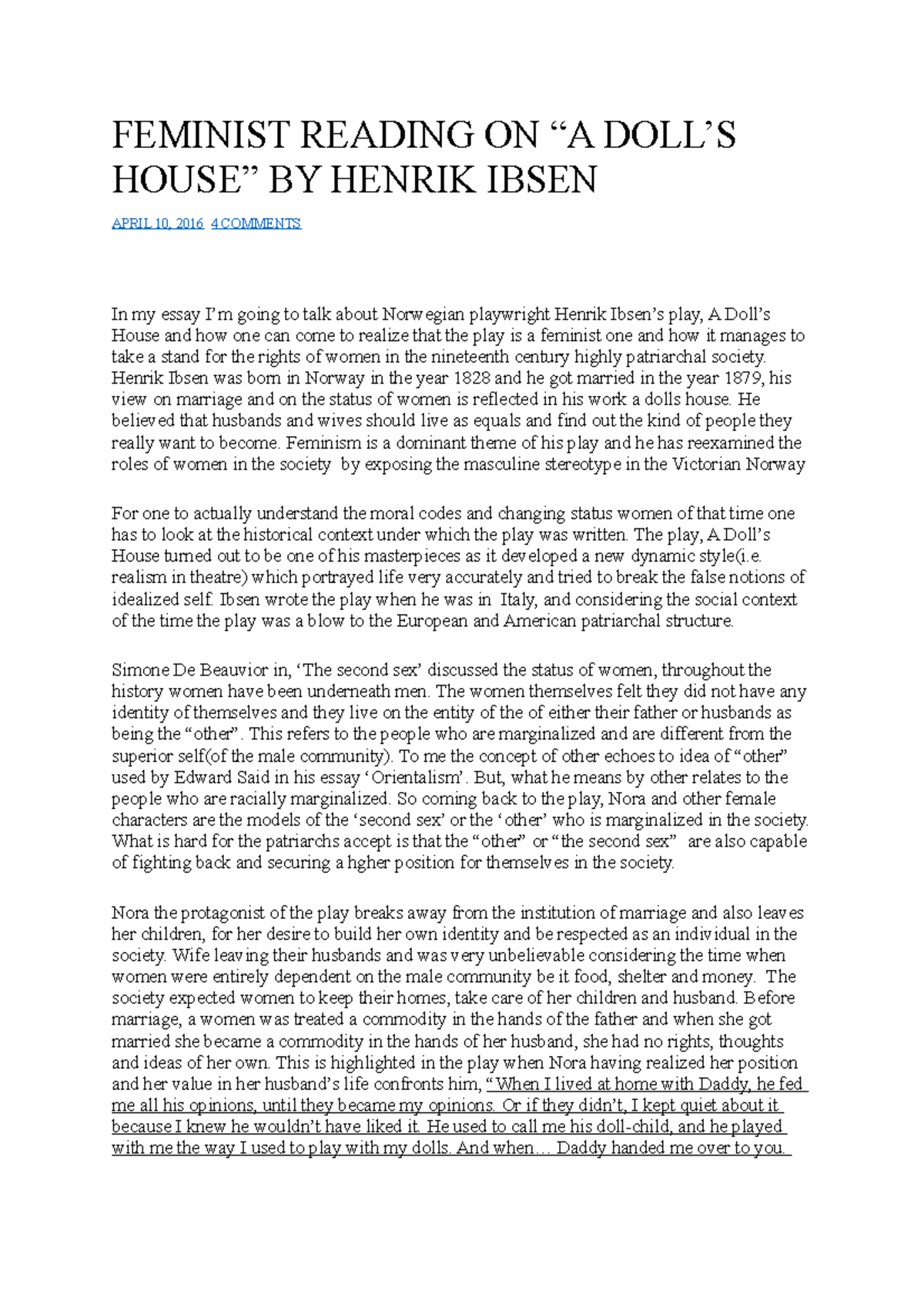 Feminist Reading ON a doll's house FEMINIST READING ON “A DOLL’S