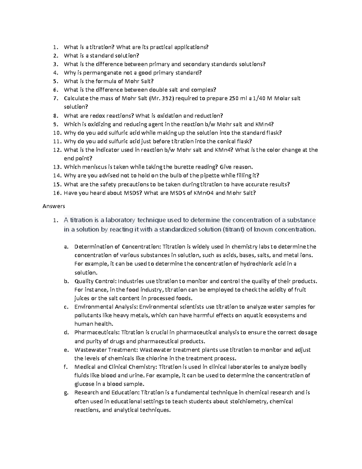 Practical Viva Questions What is a titration? What are its practical