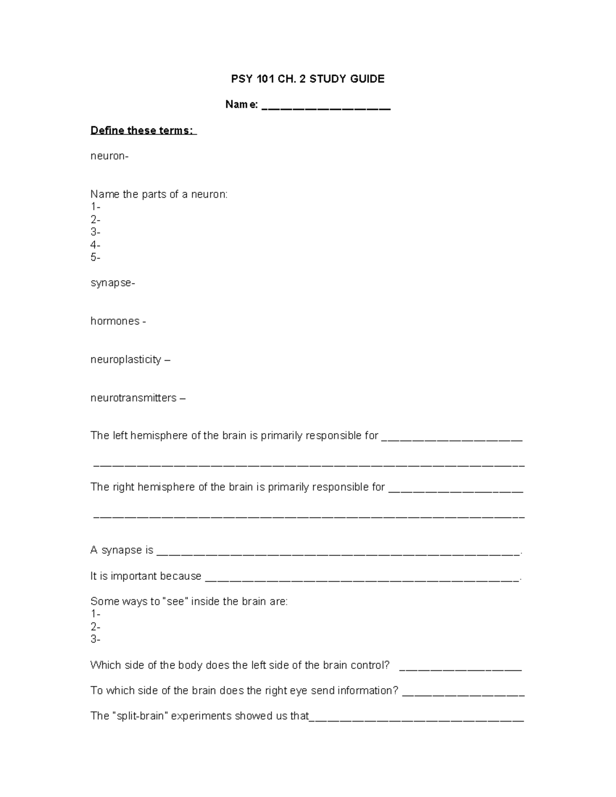 PSY 101 Ch. 2 study guide - PSY 101 CH. 2 STUDY GUIDE Name ...