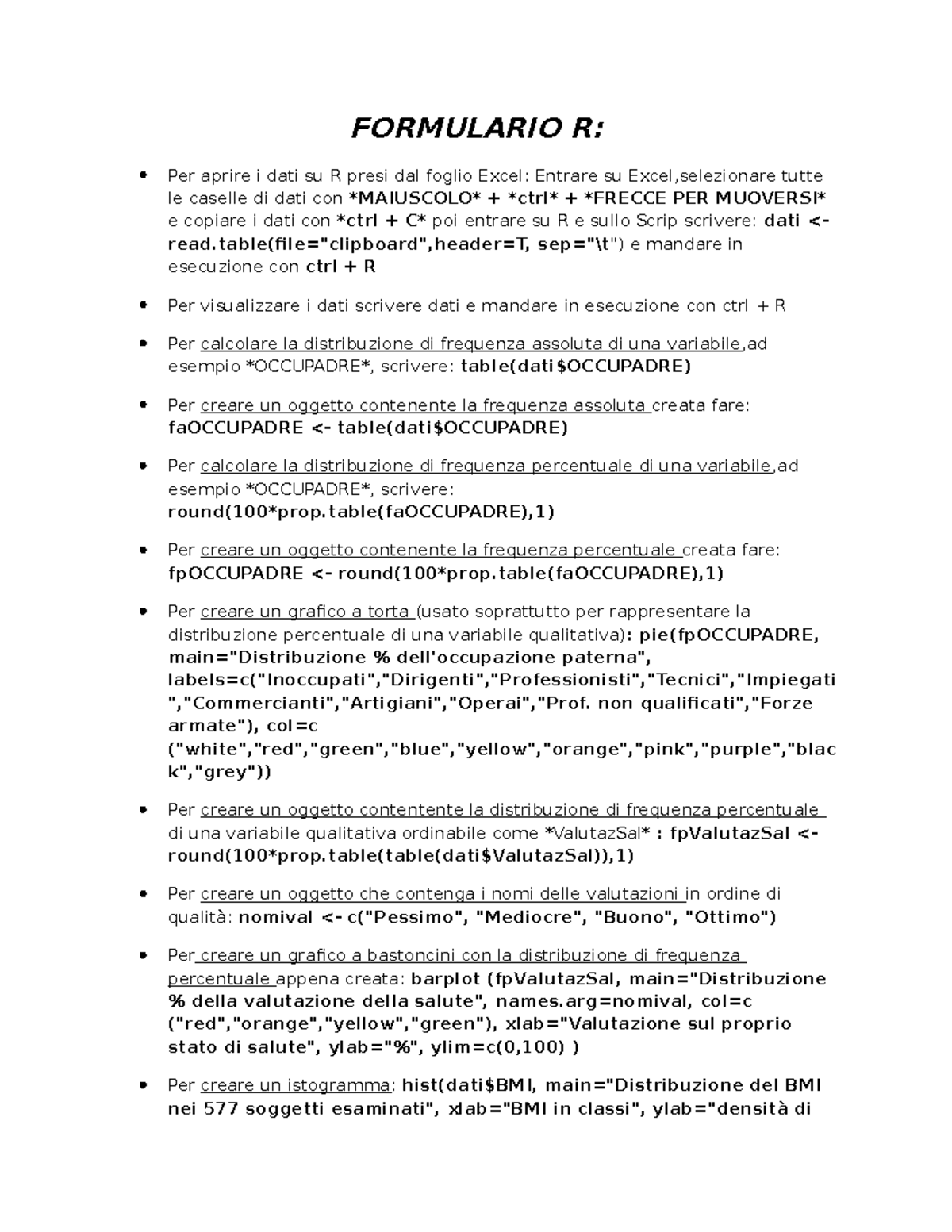 Formulario R - Riassunto C.i. laboratorio di biologia e statistica ...