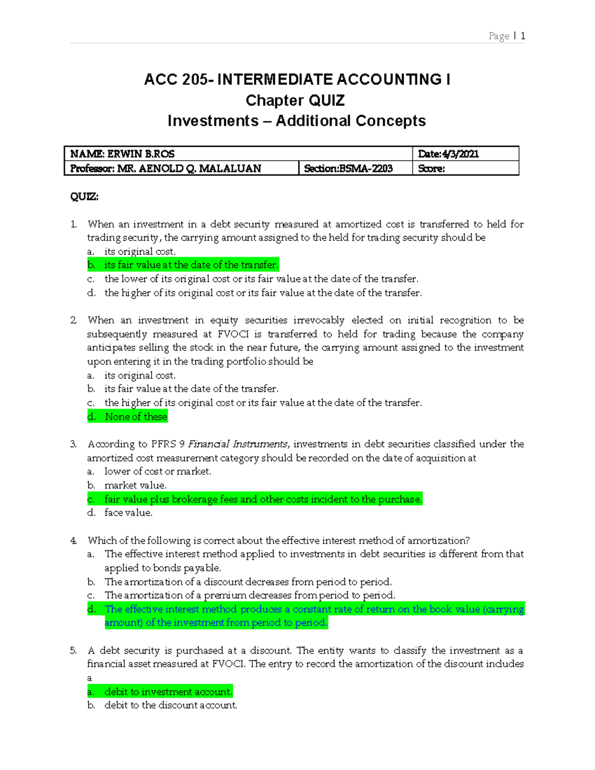 Erwin-ROS-Chapter Quiz - Page | 1 ACC 205- INTERMEDIATE ACCOUNTING I ...