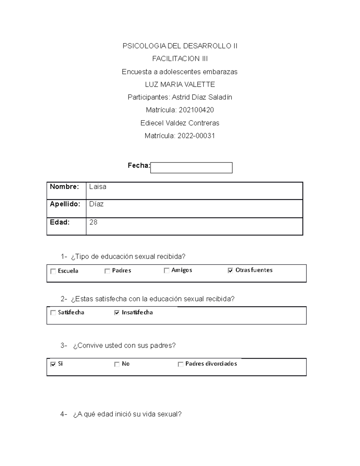 Encuesta PARA Adolescentes Embarazadas - PSICOLOGIA DEL DESARROLLO II