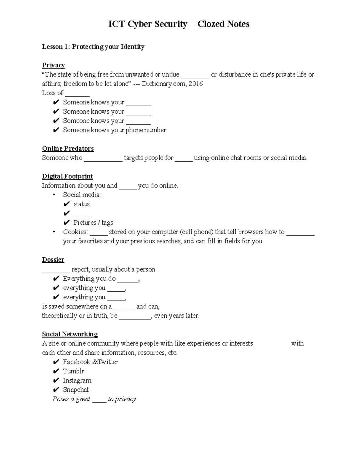 CS L1 ICT Cloze Notes Handout - ICT Cyber Security – Clozed Notes ...