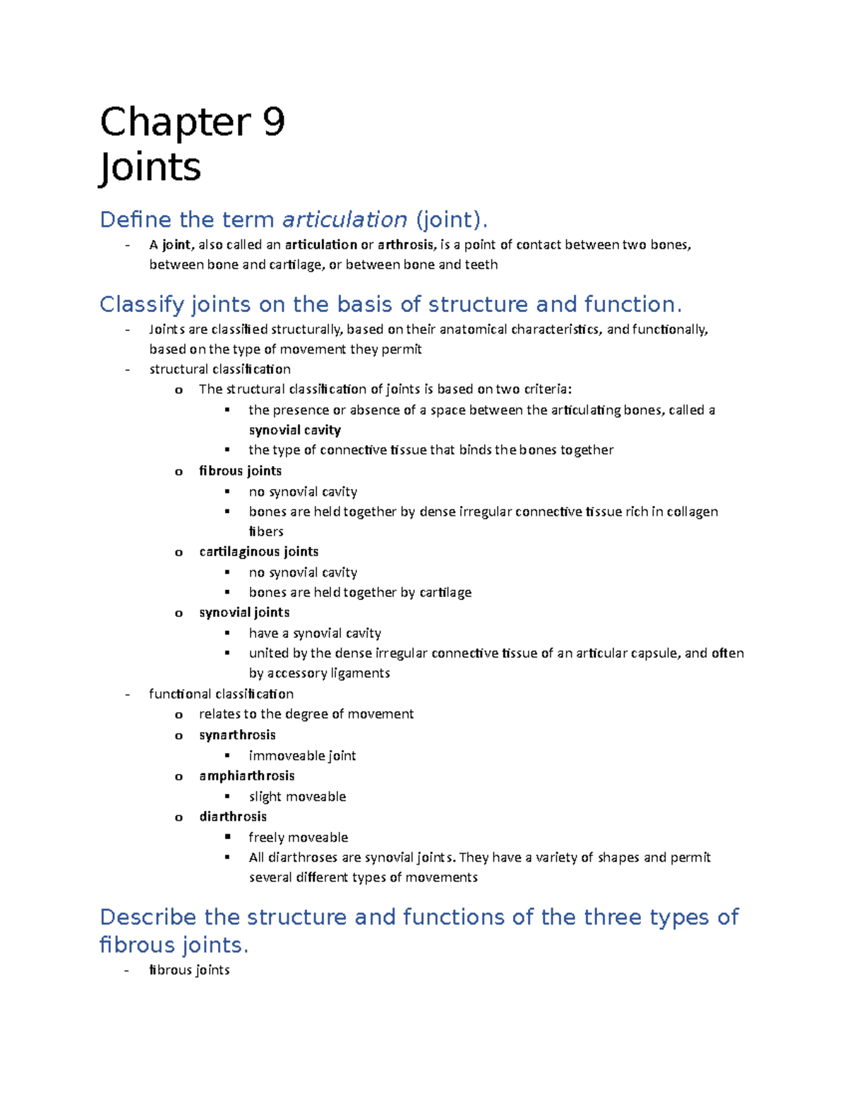 Ch 9 - Chapter 9 study notes - Chapter 9 Joints Define the term ...