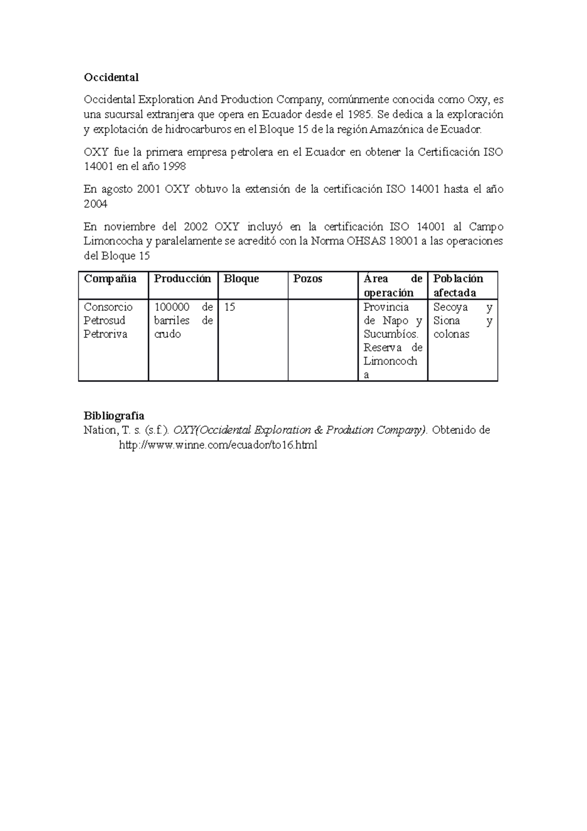 Occidental Occidental Occidental Exploration And Production Company