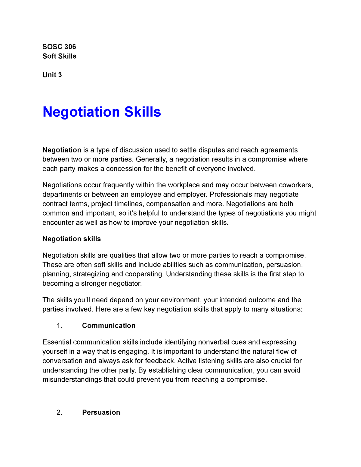 Negotiation Skills - SOSC 306 Soft Skills Unit 3 Negotiation Skills ...