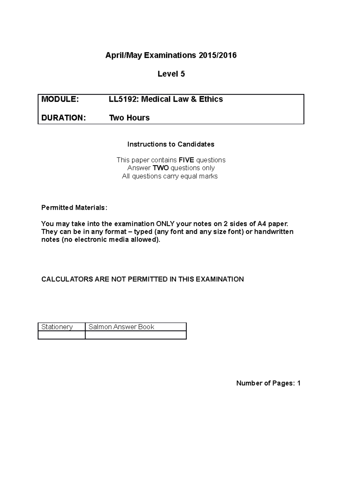 Exam 3 May 2015, questions and answers - April/May Examinations 2015 ...