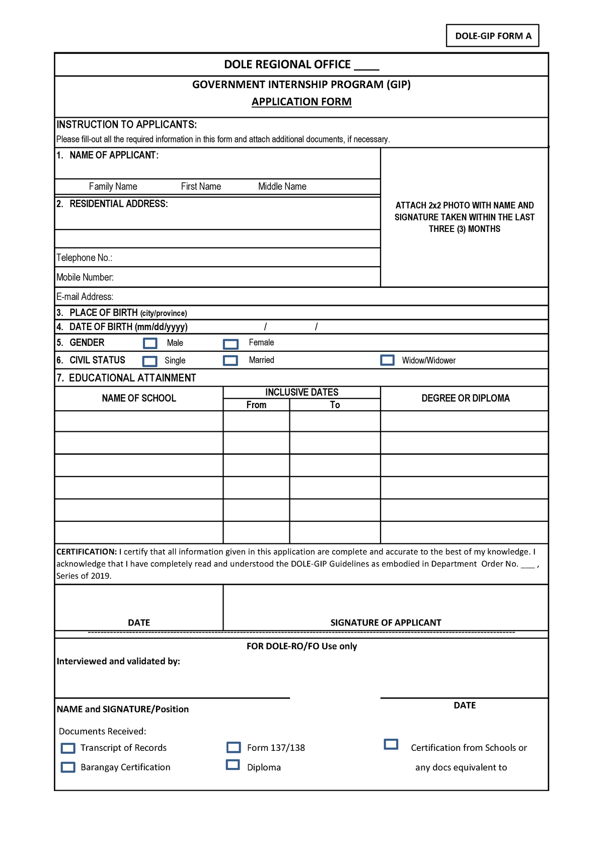 DOLE GIP Application FORM - INSTRUCTION TO APPLICANTS: Please fill-out ...