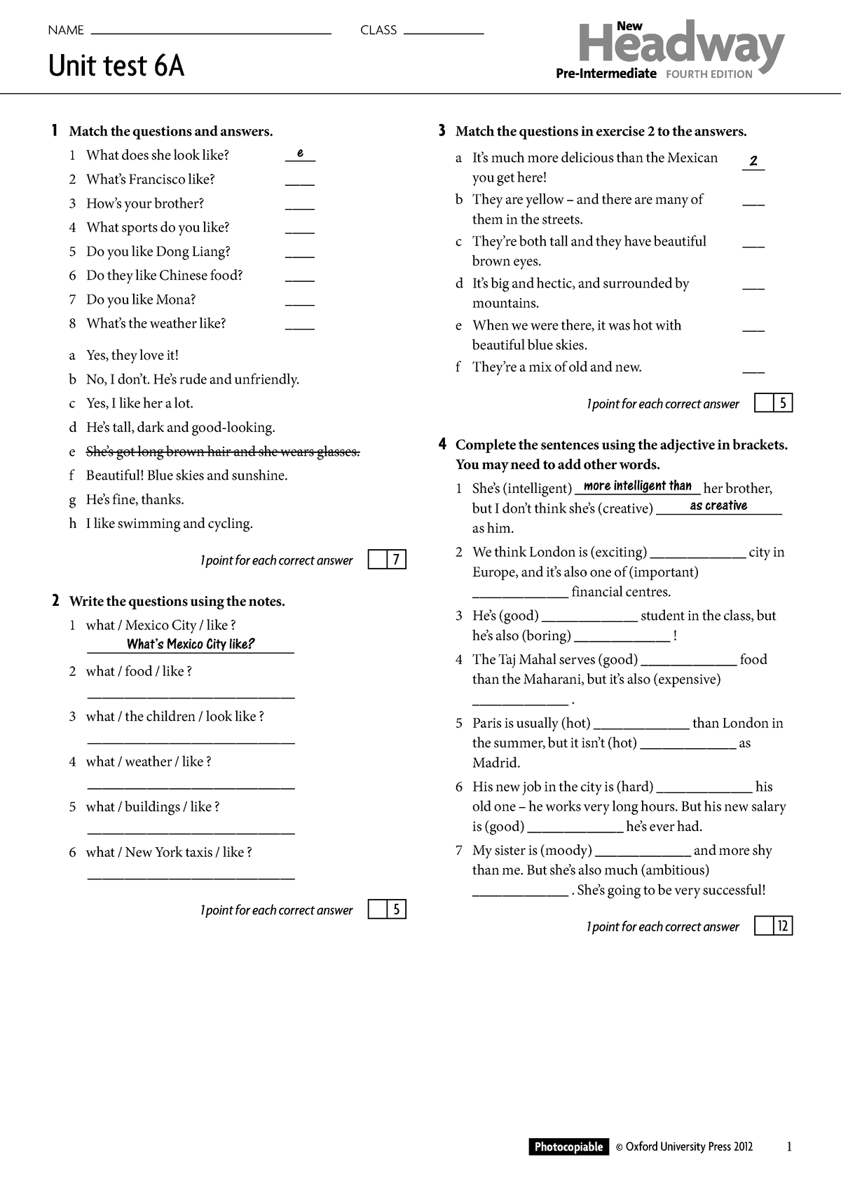 Unit Test 6a - Unit Test - Unit Test 6a Name Class 1 Headway New Pre 