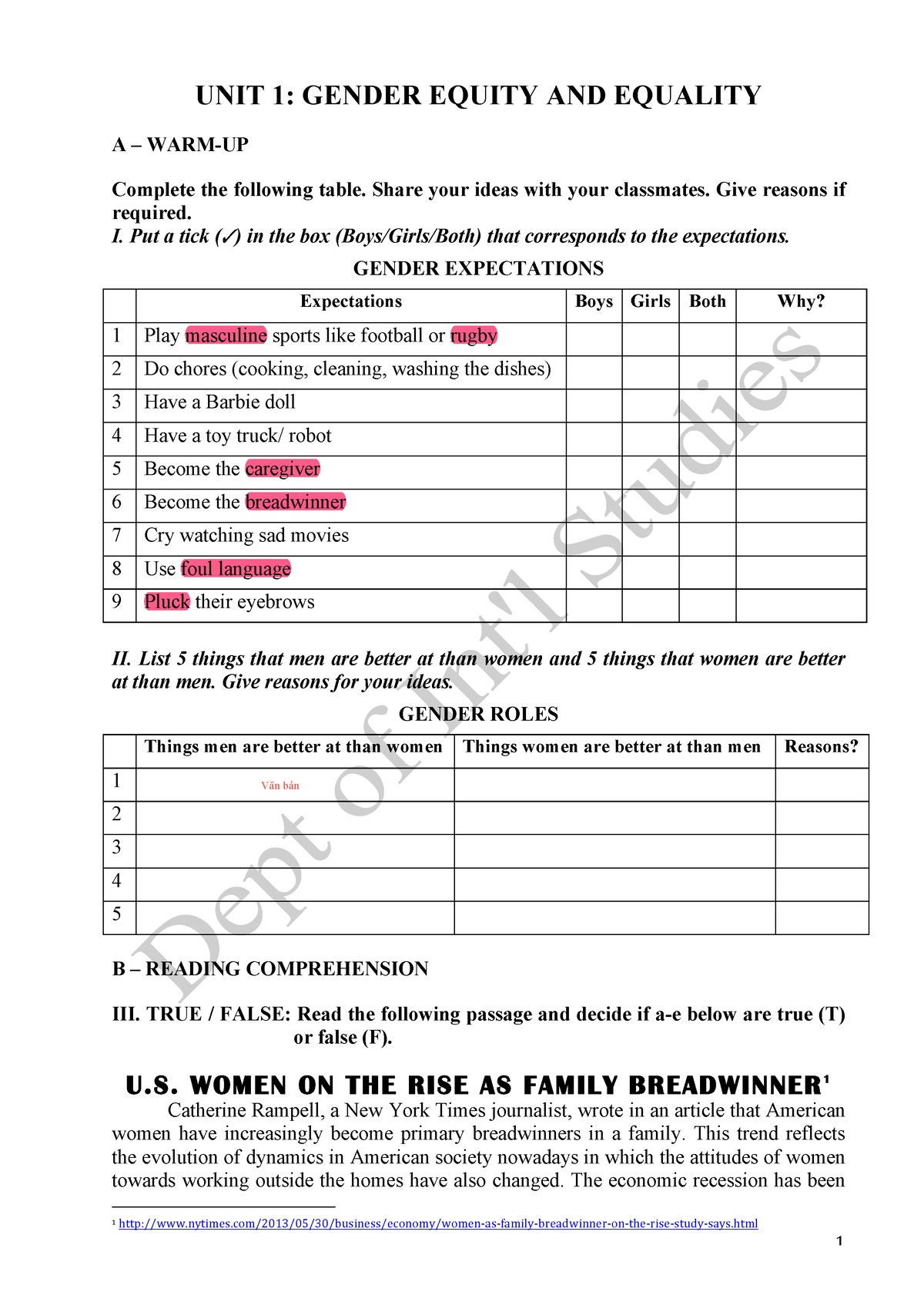 gender equity assignments