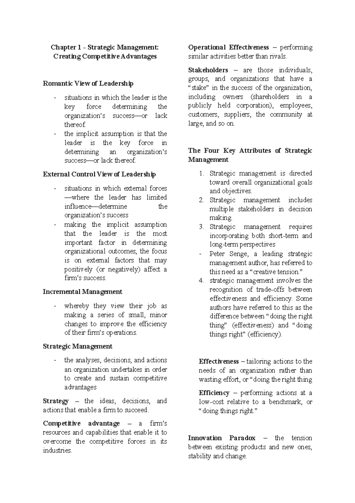 Chapter 1 - notes - Chapter 1 - Strategic Management: Creating ...