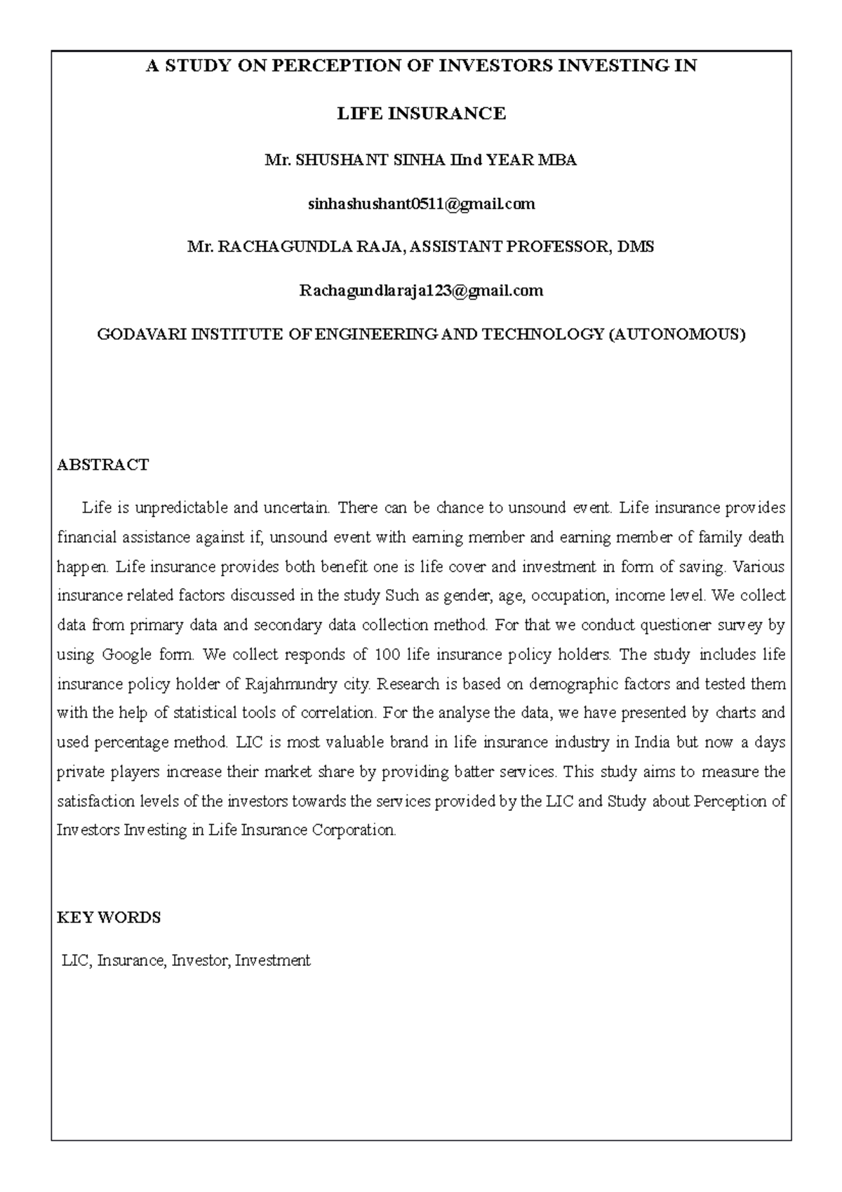 literature review on perception of investors investing in life insurance