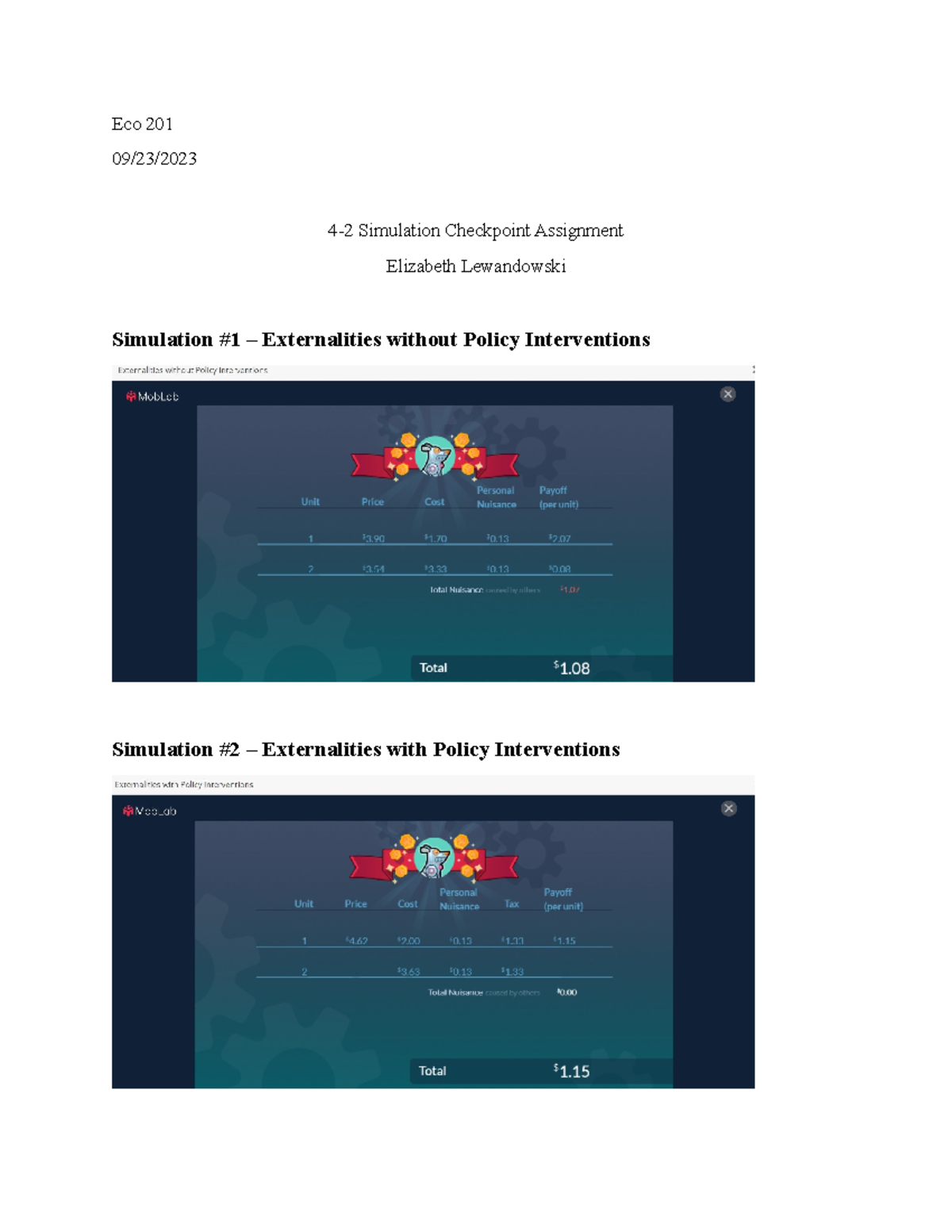 ECO-201 4-2 Simulation Checkpoint Assignment - Eco 201 09/23/ 4-2 ...