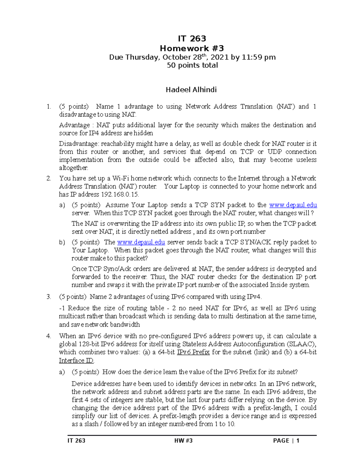 IT263-HW3-i - answer sheet - IT 263 Homework Due Thursday, October 28th ...