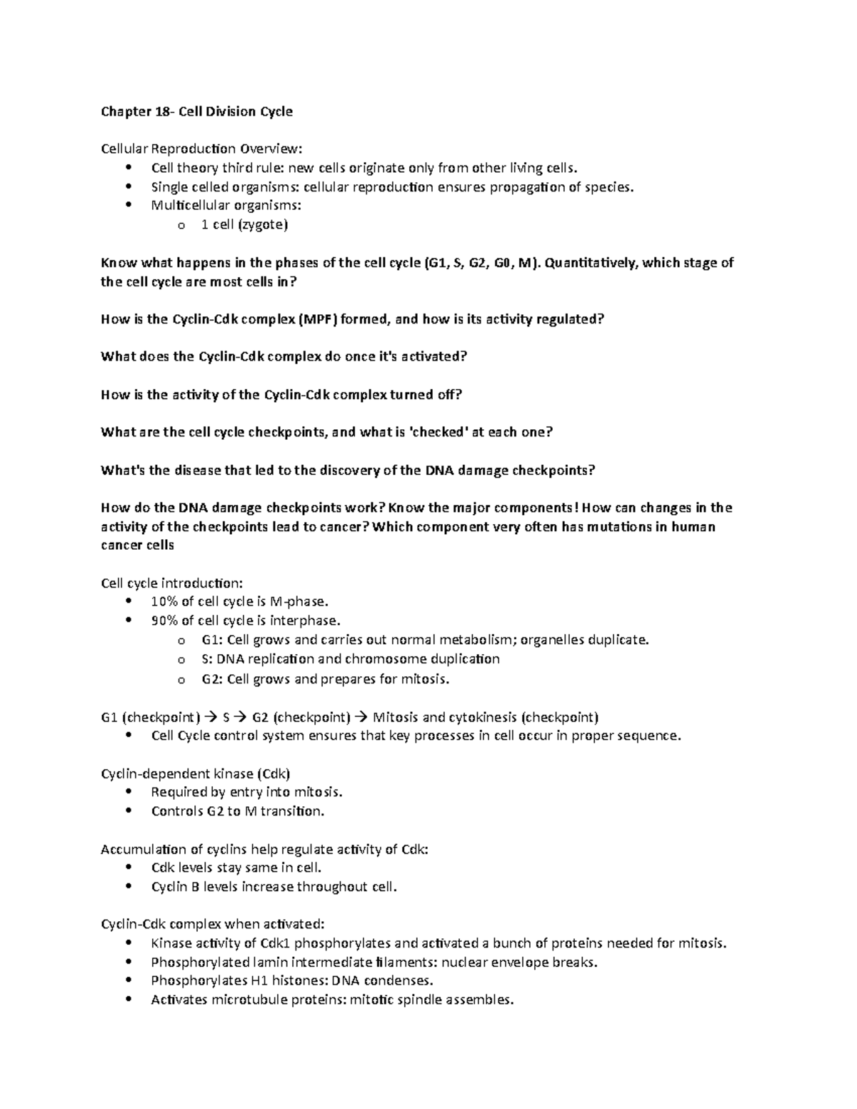 BIOL 2520- 20 - Lecture 20 Notes - Chapter 18- Cell Division Cycle ...