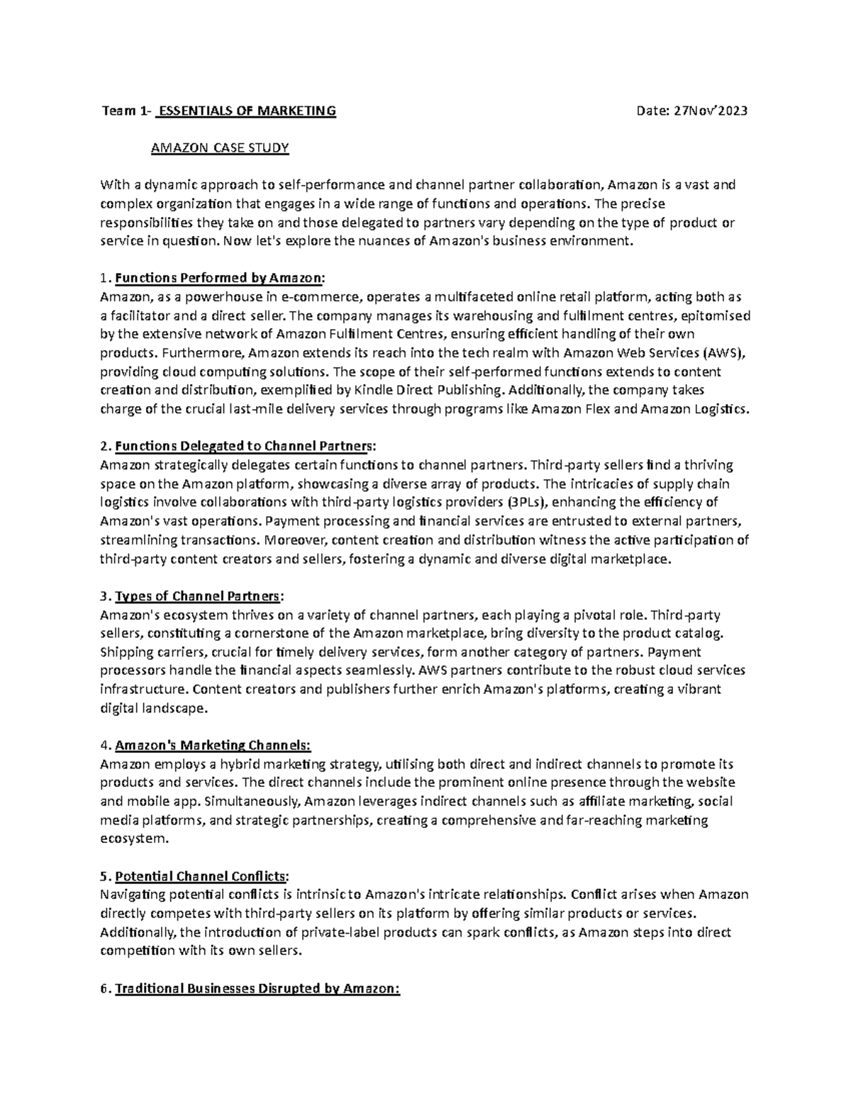 Amazon Case study re make Dec 6 Team 1 ESSENTIALS OF MARKETING Date