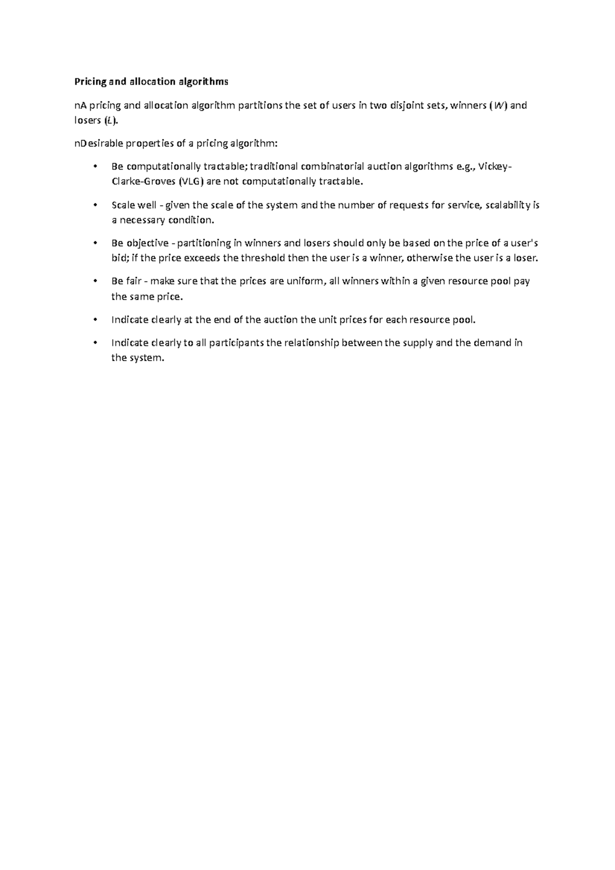 Pricing and allocation algorithms - nDesirable properties of a pricing ...