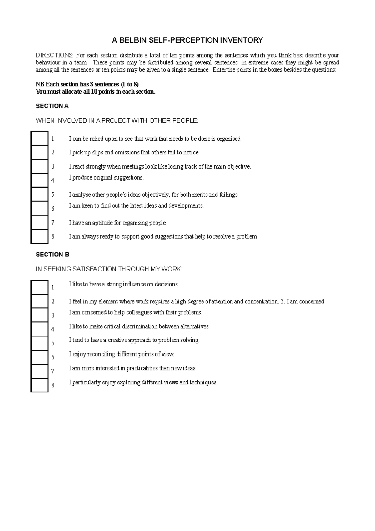 Belbin Test Grade F A BELBIN SELF PERCEPTION INVENTORY DIRECTIONS