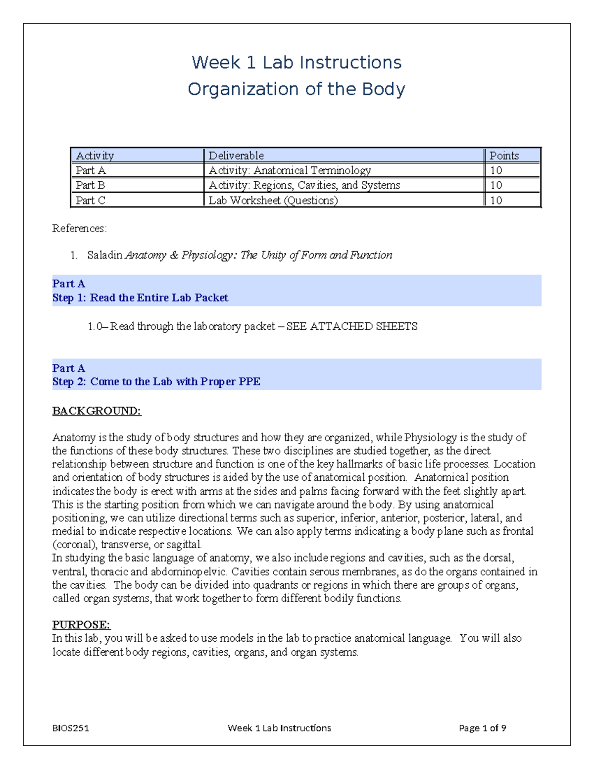 BIOS251 W1 Lab Instructions - Week 1 Lab Instructions Organization Of ...