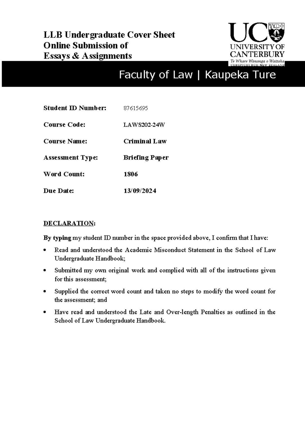 Cook v R report - Summary of Cook v R - LLB Undergraduate Cover Sheet ...