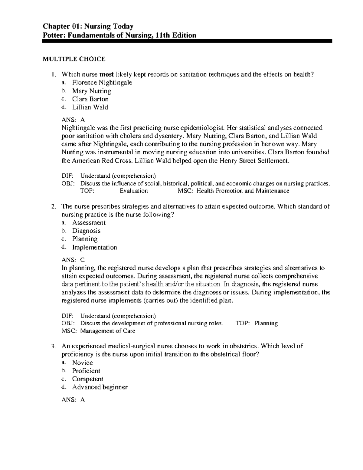 01 - Practice questions - Chapter 01: Nursing Today Potter ...