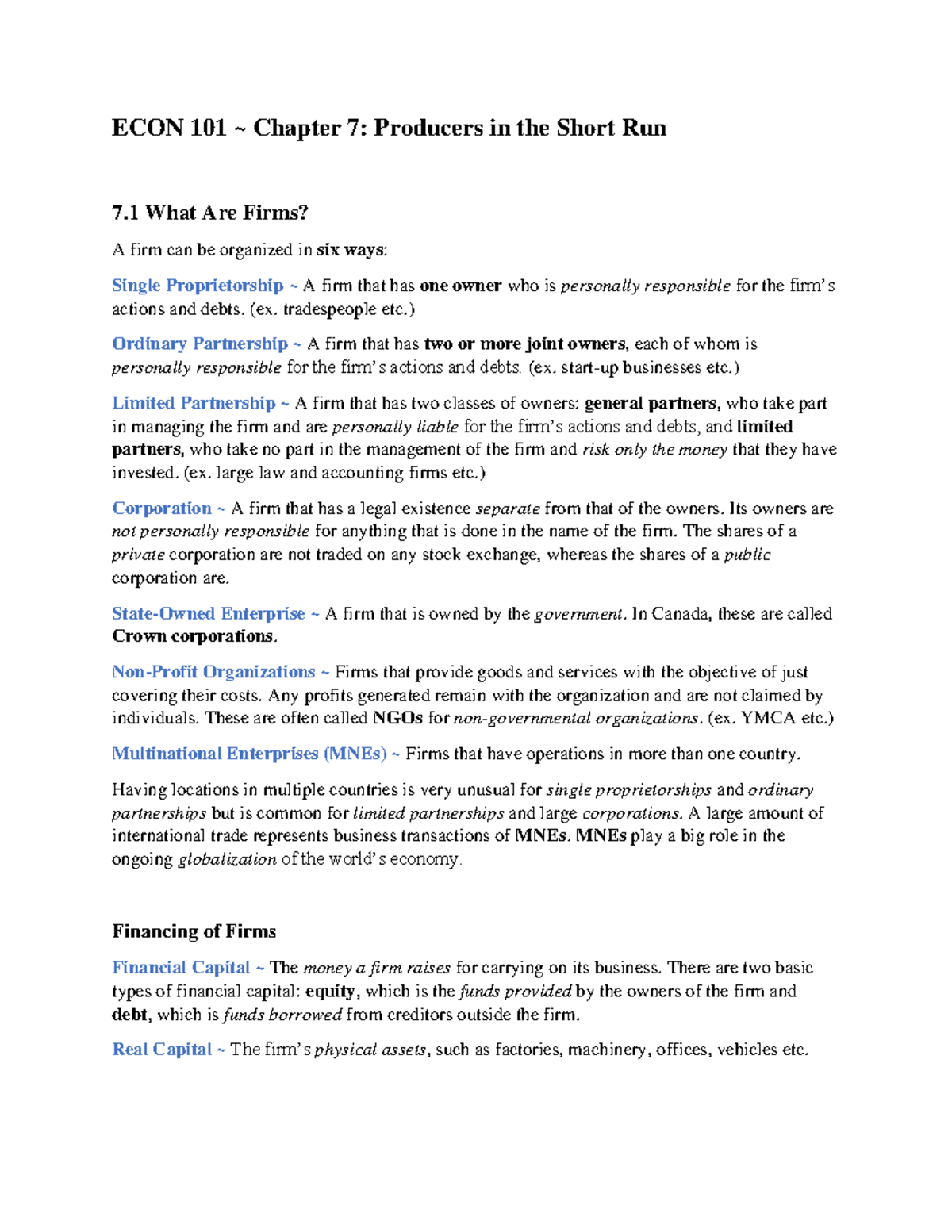 ECON101 - Chapter 7 - ECON 101 ~ Chapter 7: Producers in the Short Run ...
