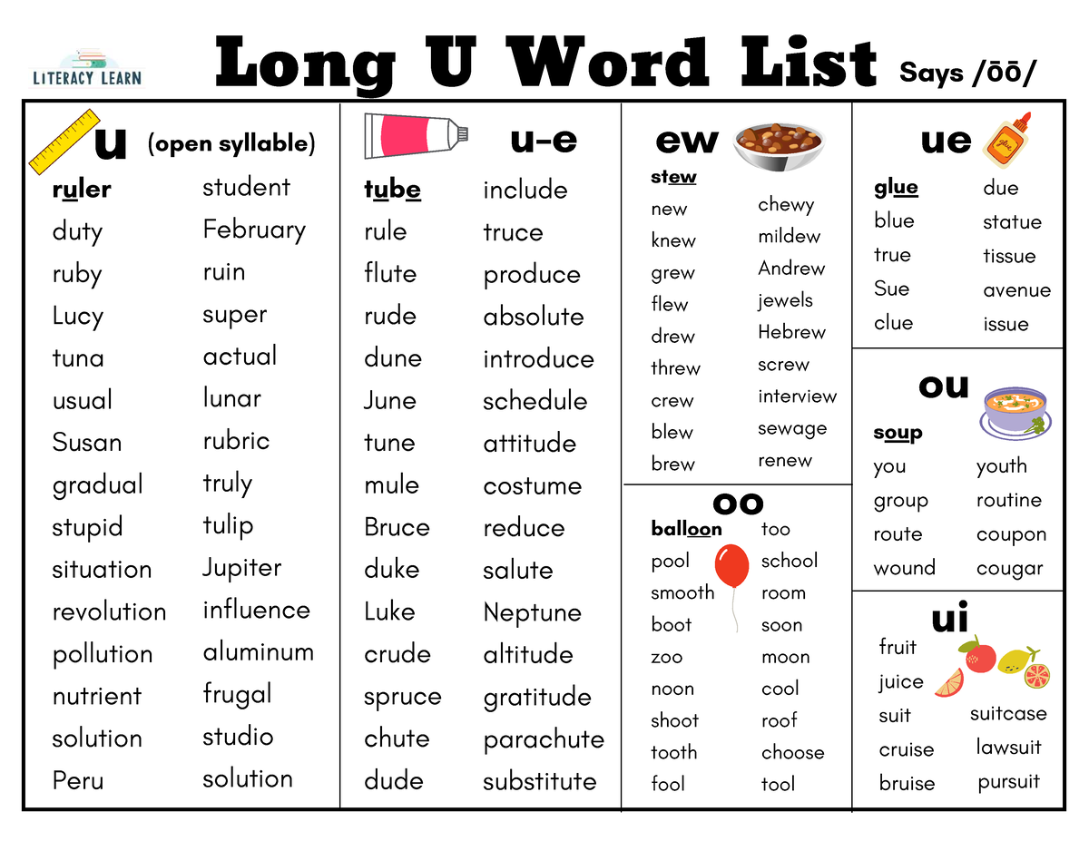 Long U Word Lists U Says OO - ou oo chewy mildew Andrew jewels Hebrew ...