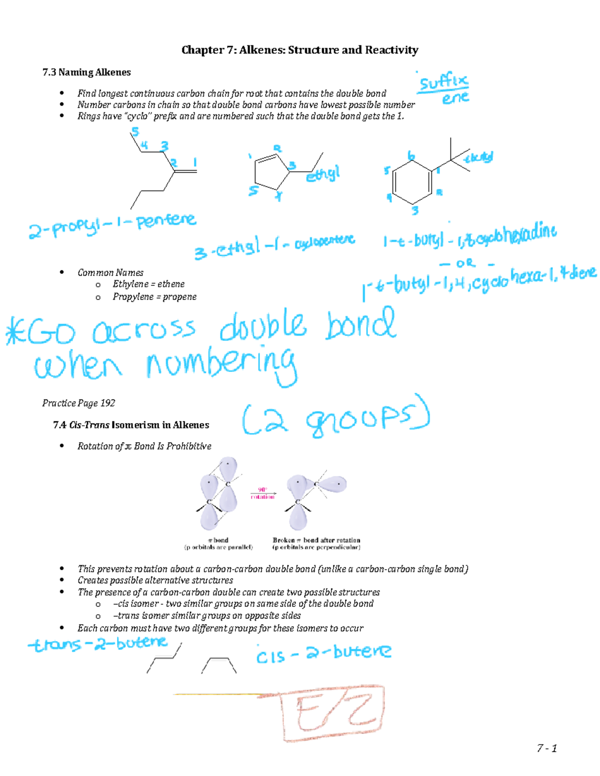 Notes Pages Ch 7 Alkenes Structure + Reactivity - Chapter 7: Alkenes ...