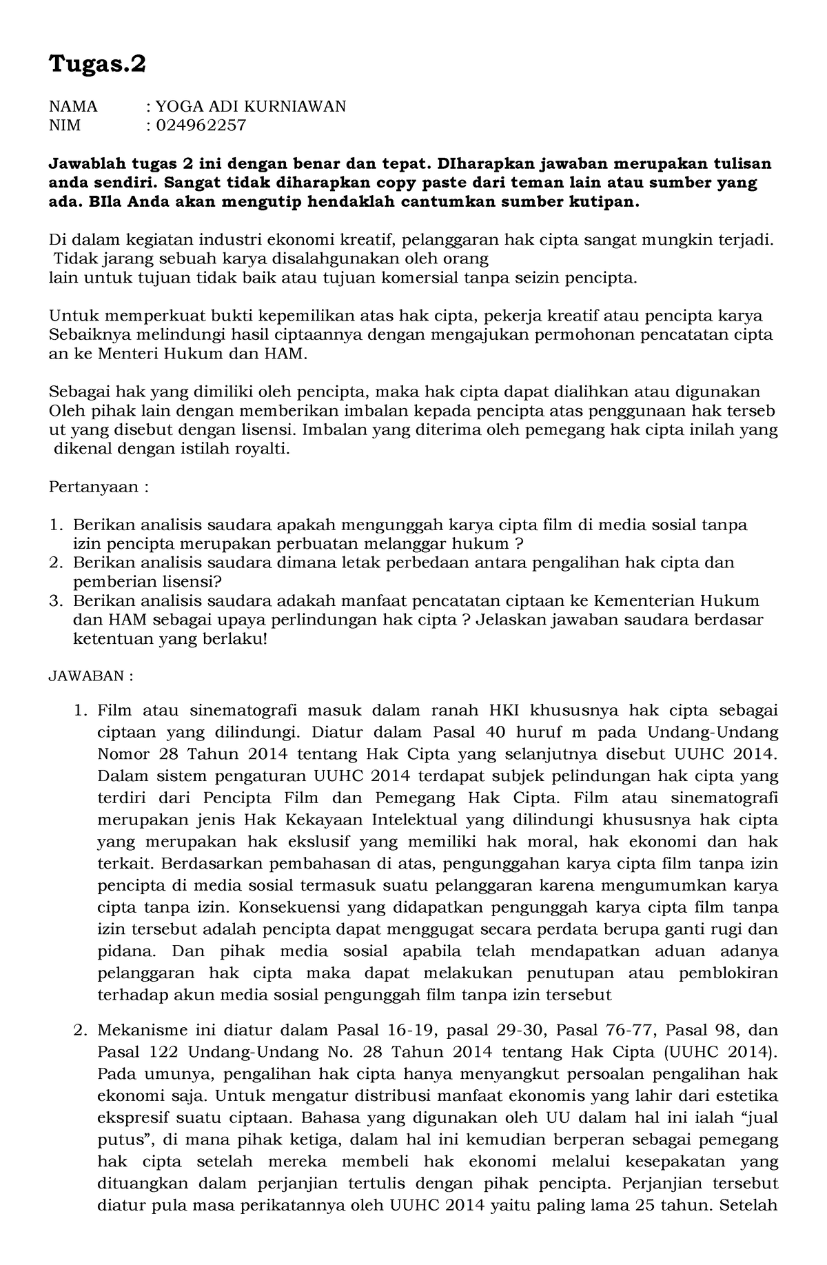 Tugas 2 Hukum Dagang DAN Kepailitan - Tugas. NAMA : YOGA ADI KURNIAWAN ...