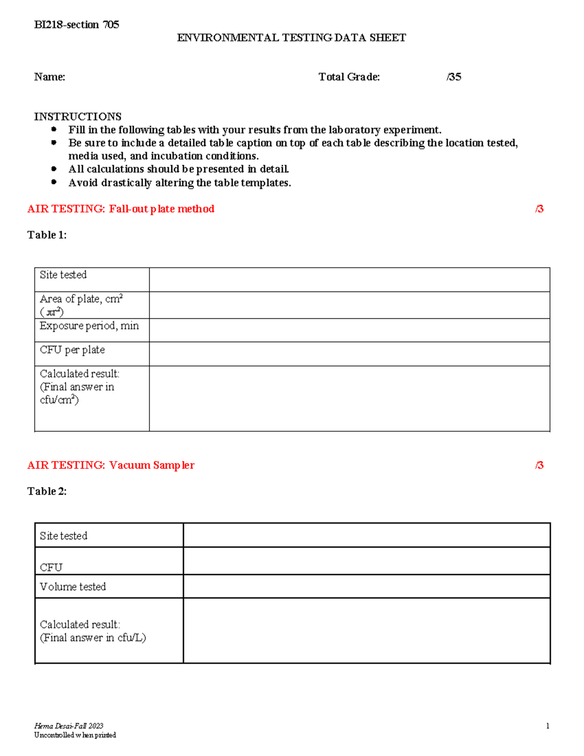 Environment Lab updated Fall 2023 ENVIRONMENTAL TESTING DATA SHEET