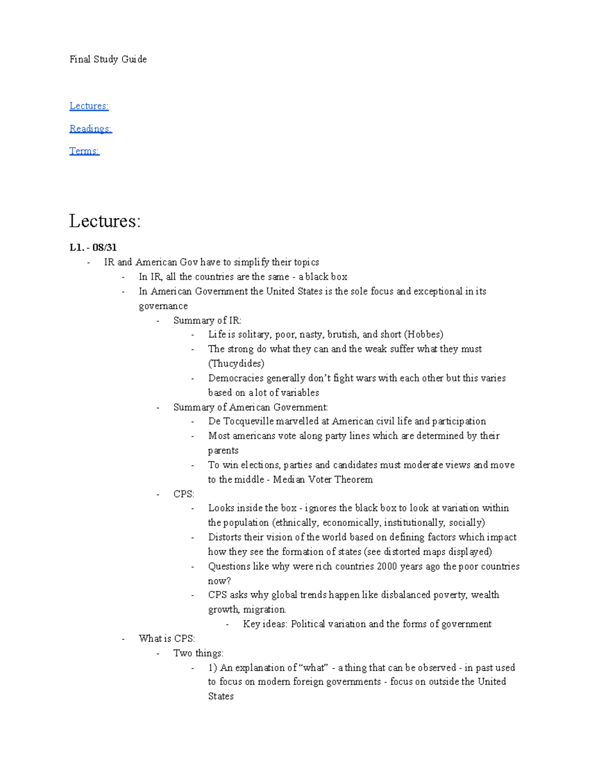 IR Final Study Guide - Final Study Guide Lectures: Readings: Terms ...