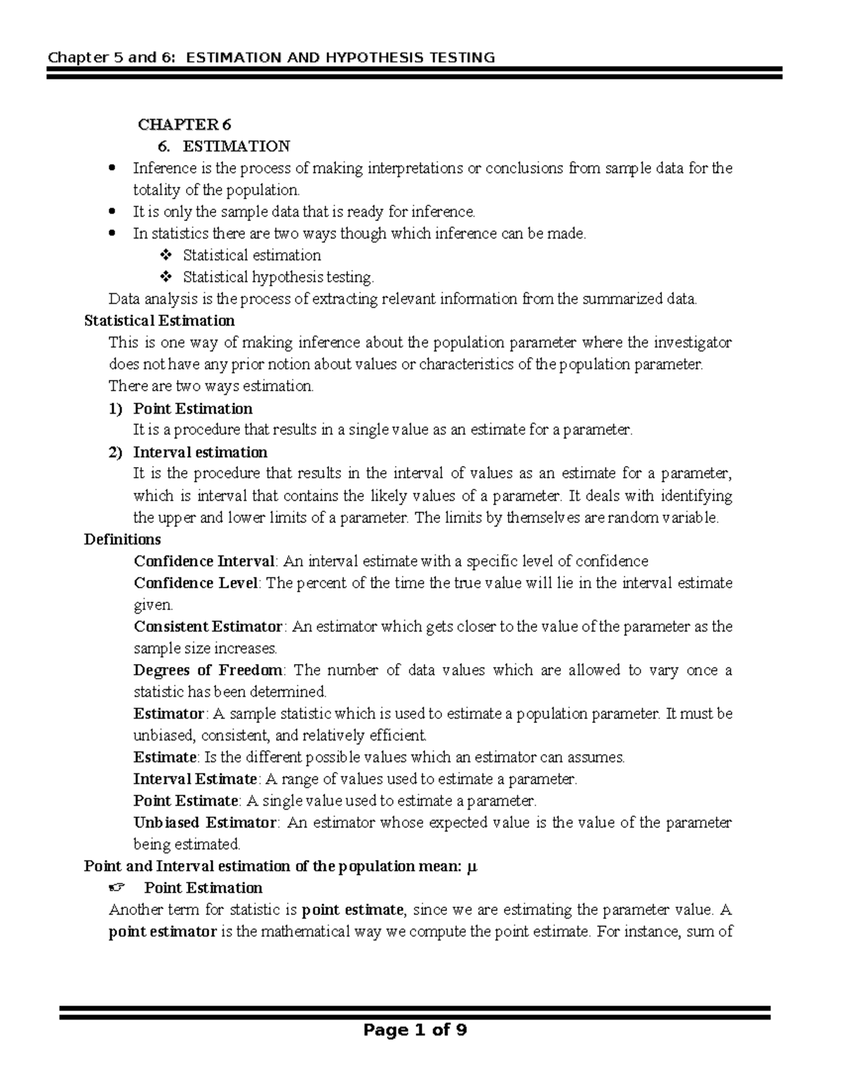 Wiz3 - good - CHAPTER 6 CHAPTER 6 6. ESTIMATION Inference is the ...