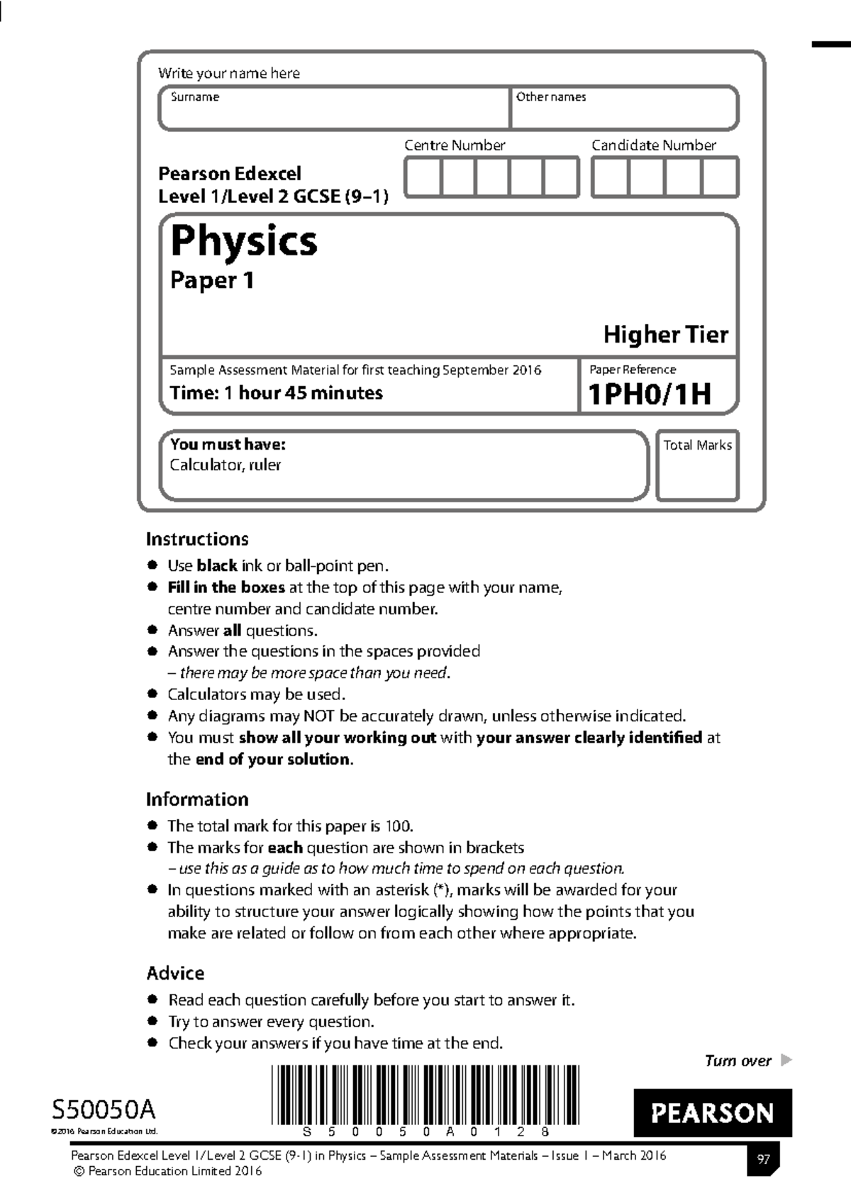 SAMs GCSE L1-L2 in Physics - Centre Number Candidate Number Write your ...