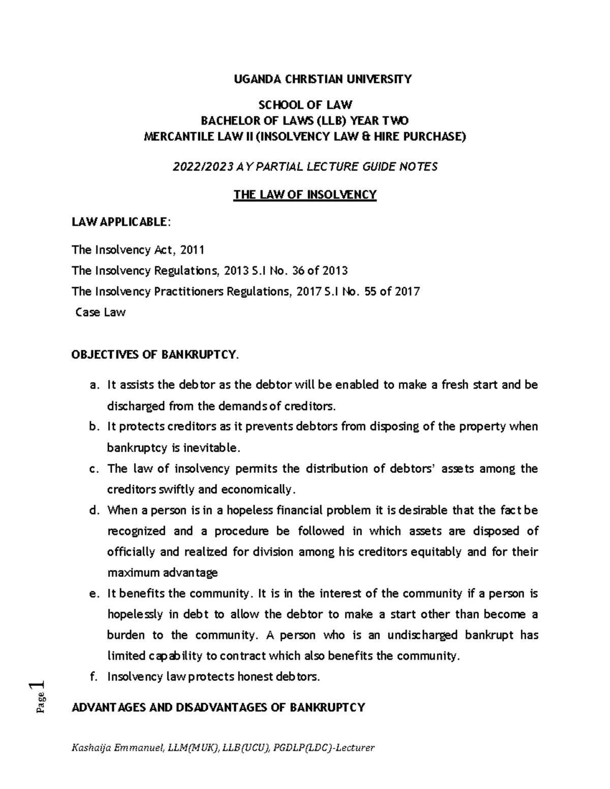 Partial lecture guide notes Page 1 UGANDA CHRISTIAN UNIVERSITY SCHOOL