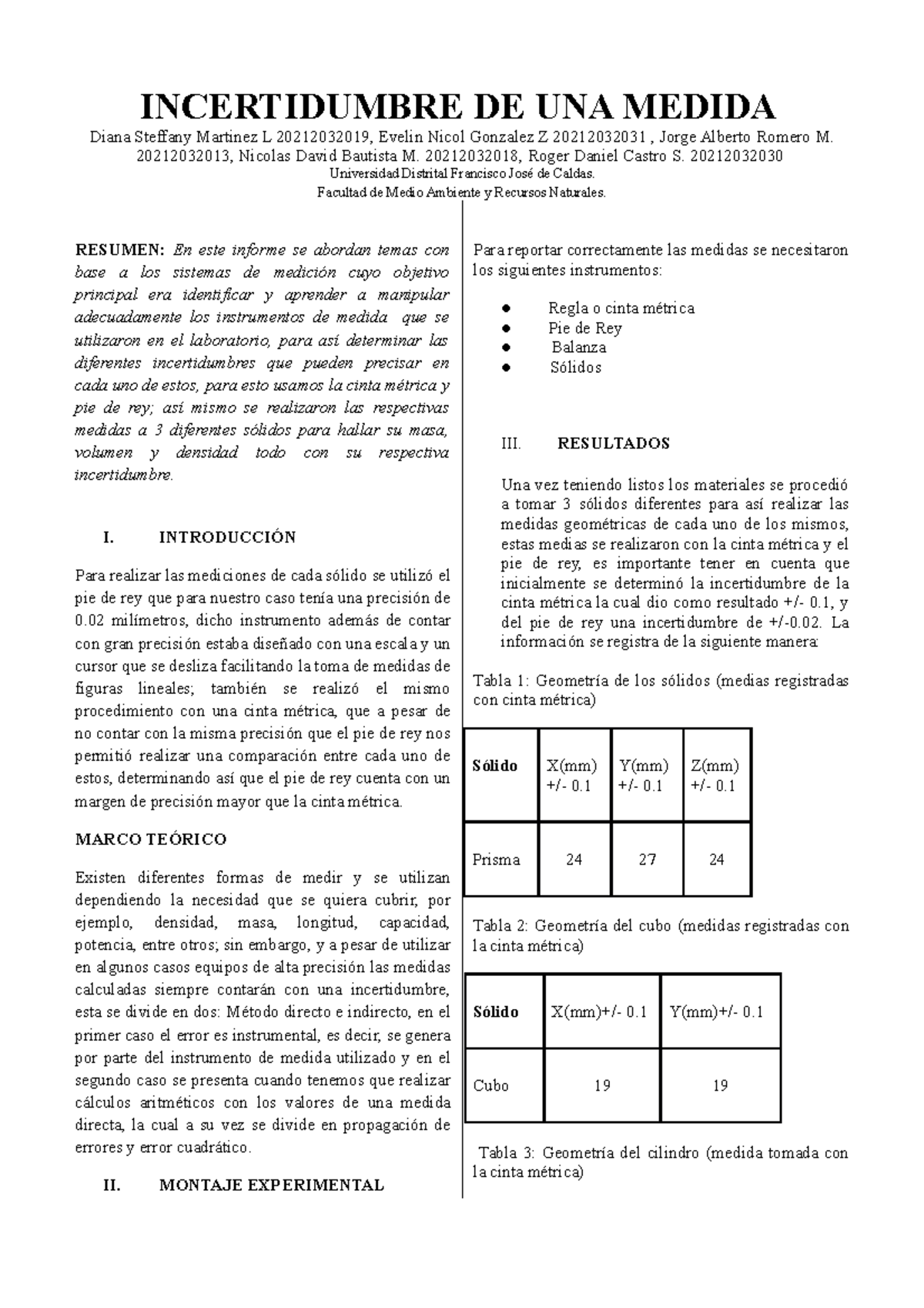 Informe Incertidumbre DE UNA Medida - INCERTIDUMBRE DE UNA MEDIDA Diana ...