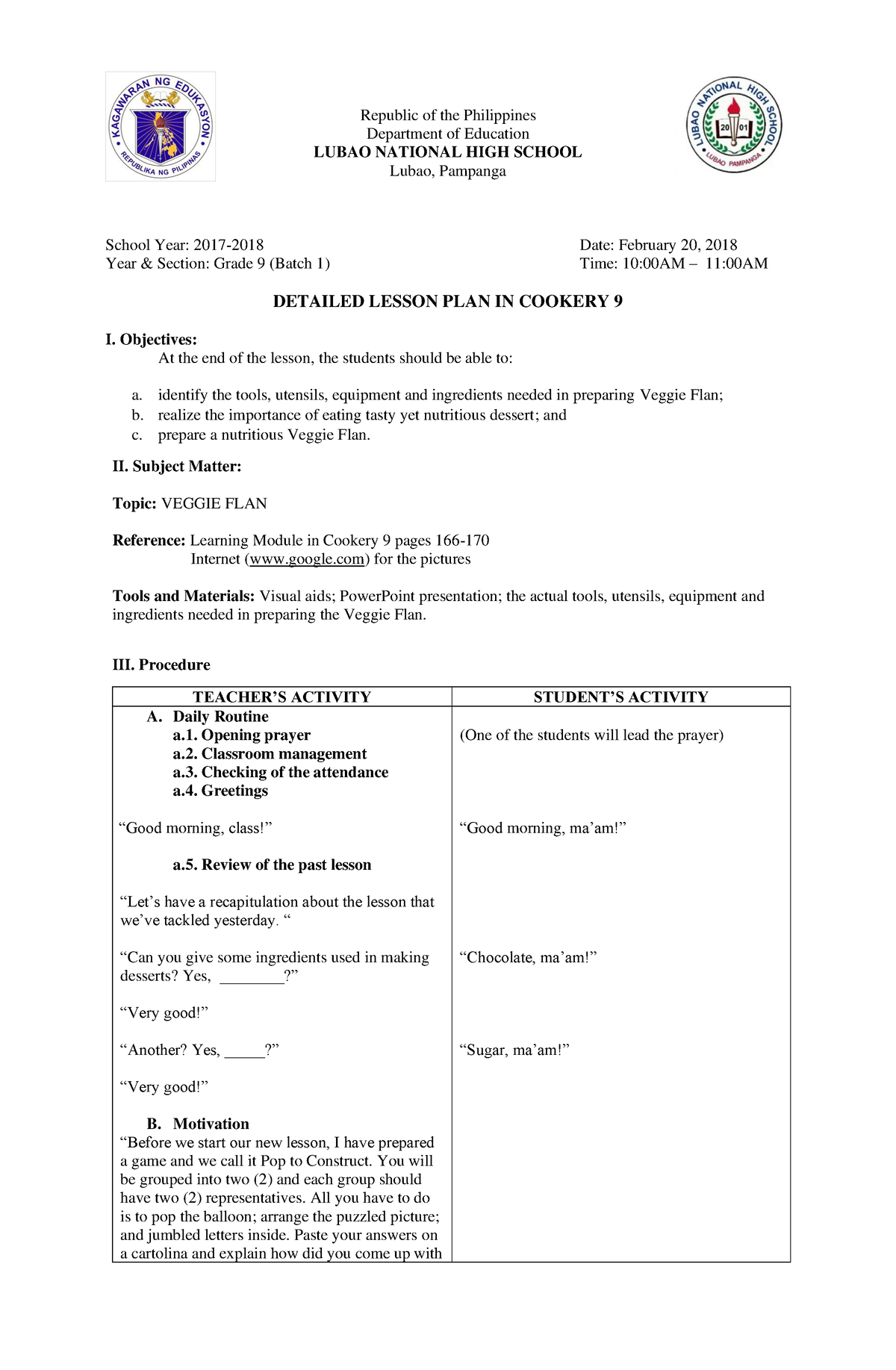 Detailed Lesson PLAN IN Cookery 9 - Republic Of The Philippines ...