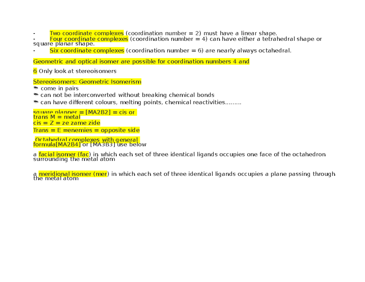 Two coordinate complexes - Four coordinate complexes (coordination ...
