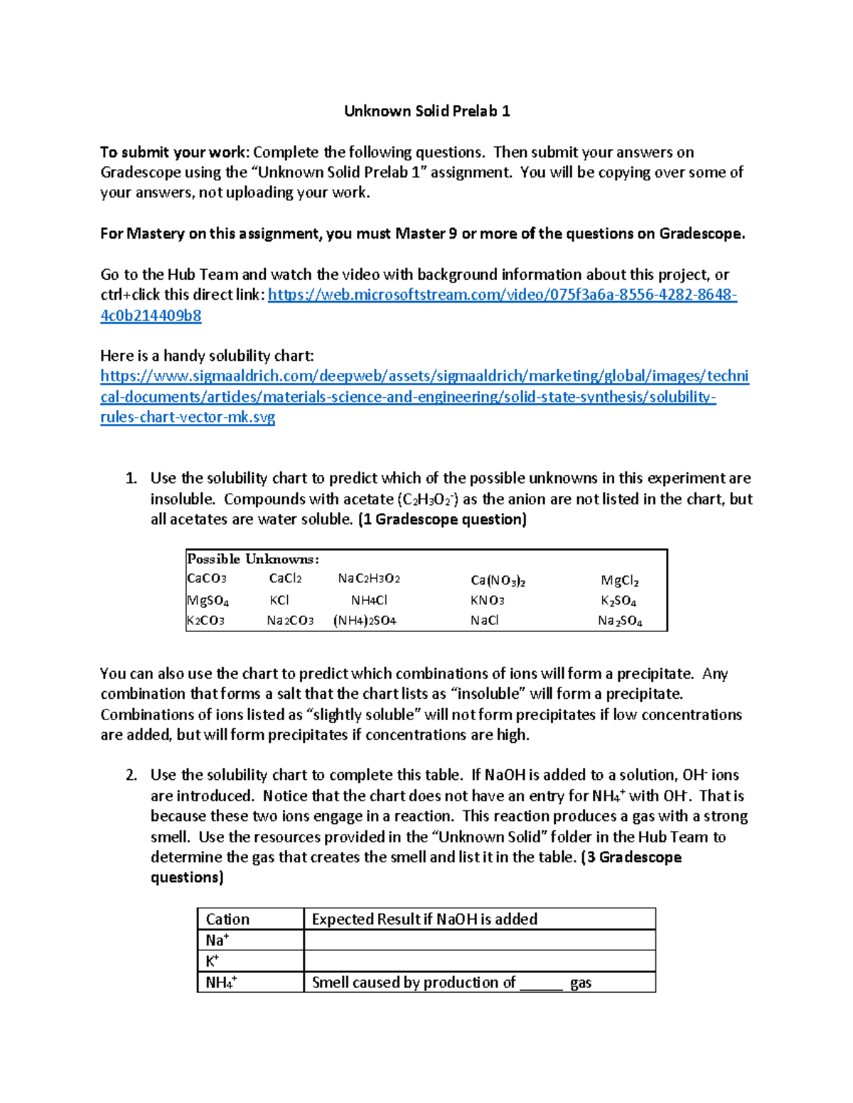 1 Unknown Solid Prelab 1 - Then submit your answers on Gradescope using ...