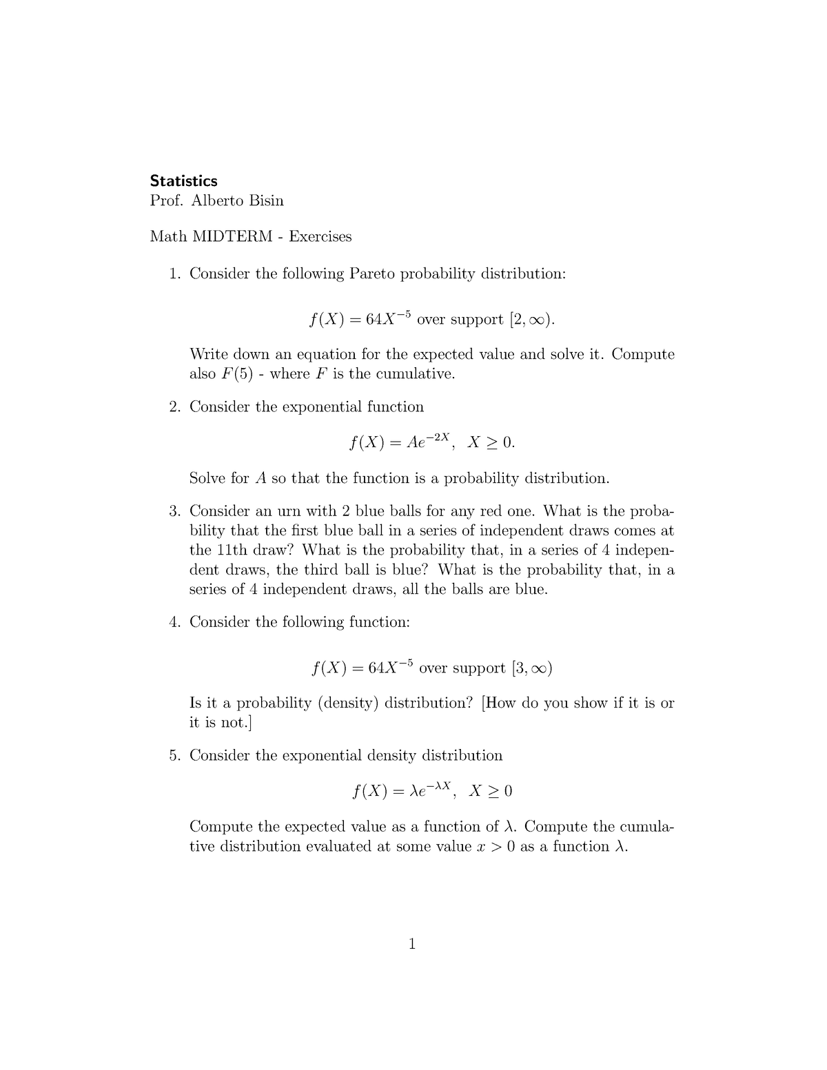 Math Midterm Exercises - Statistics Prof. Alberto Bisin Math MIDTERM ...