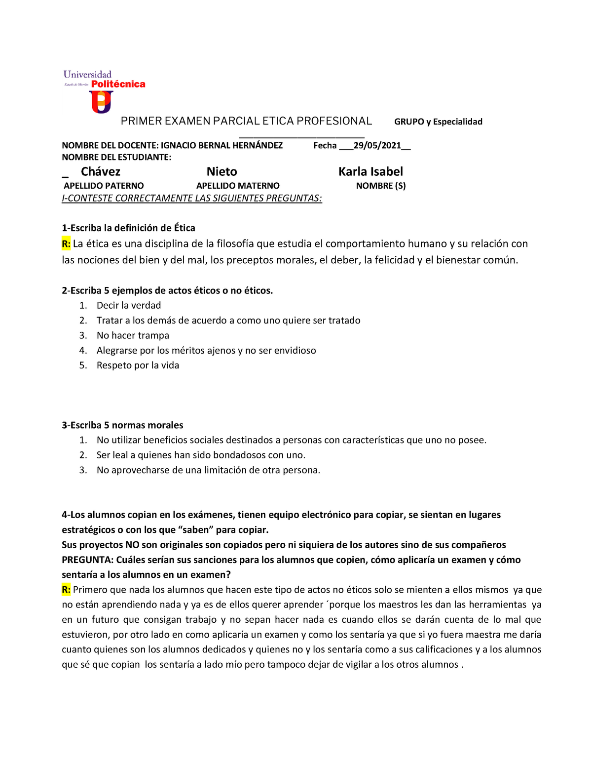 1 Parc Examen De Etica Profesional Chavez Nieto Karla Primer Examen Parcial Etica Profesional 5695