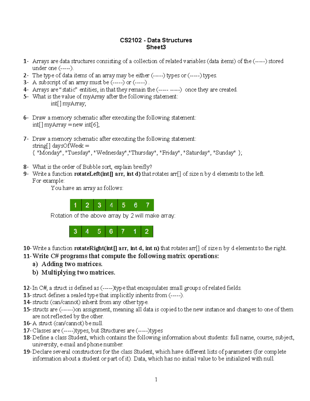 Sheet 3 - 1 CS2102 - Data Structures Sheet 1 ‐ Arrays Are Data ...